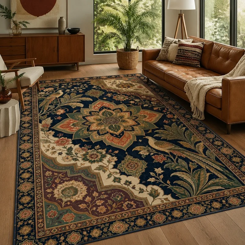 Deep Blue Vintage Persian Medallion Floral Ornate Area Rug, Traditional Oriental Washable Large Floor Carpet for Living Room