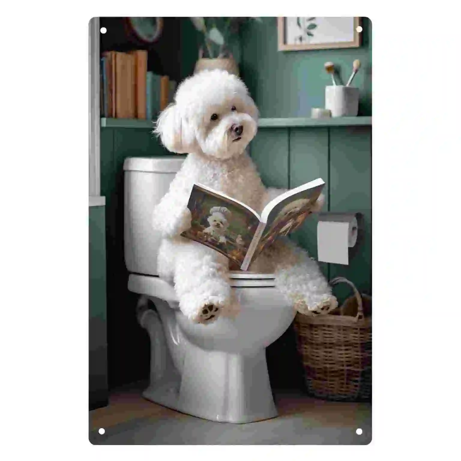 2D FLAT 1pc Funny Fluffy White Dog Reading a Book on Toilet Bathroom Wall Art Decoration for Bathroom Lavatory and Toilet Room