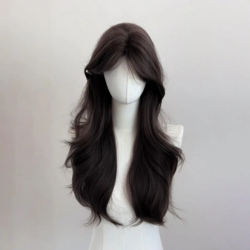 Synthetic Long Wavy Wig for Women, Korean Style Center Part, Lazy Big Wave, Natural Looking Full Wig, Middle Part, Face Framing,