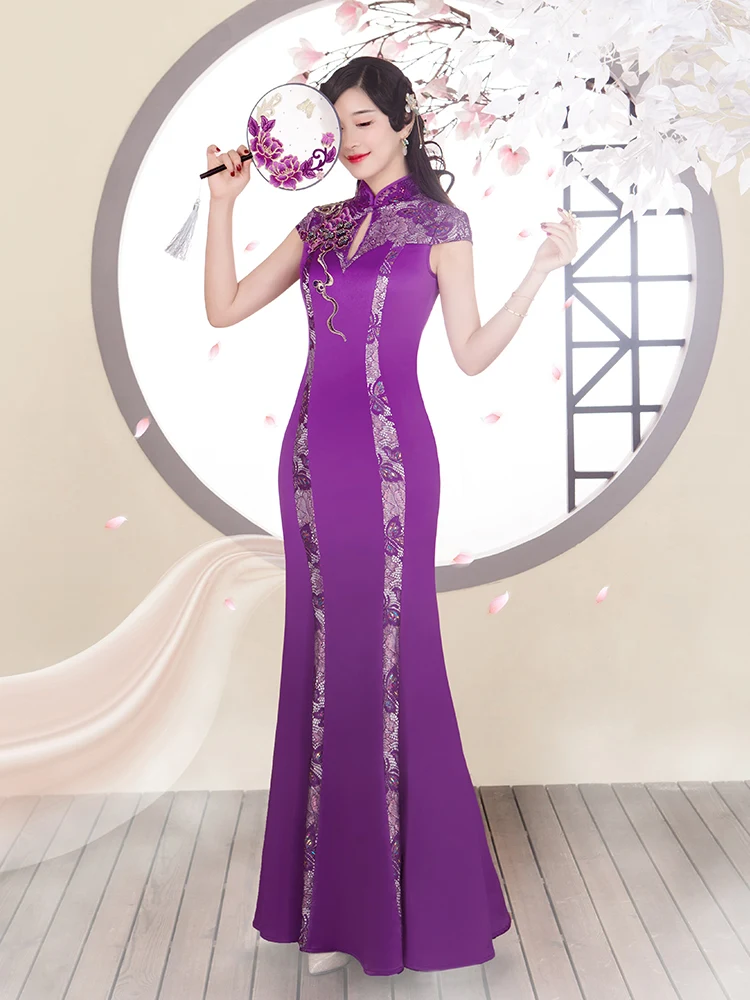 

Elegant Long Dress Purple Winter Style Retro Fashion Young Women's Evening Gown High Slit Short Sleeve Polyester Fiber