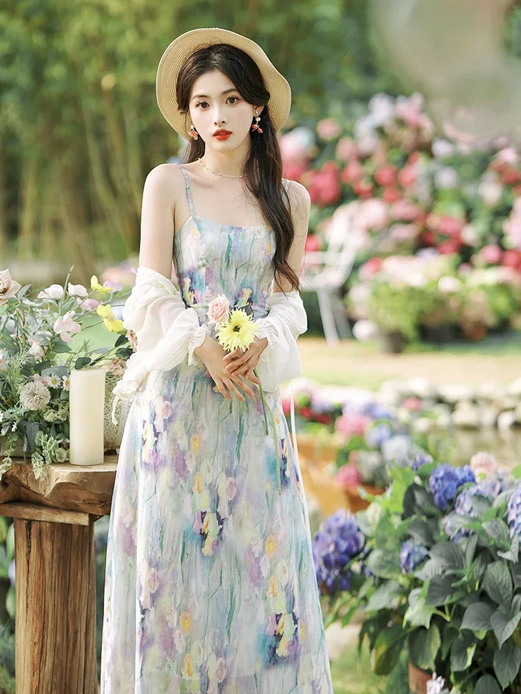 French Retro Women Outfits High Quality Dresses Suit Summer Oil Painting Print Fashion Strap Dress+Cardigan Vintage Ladies Set