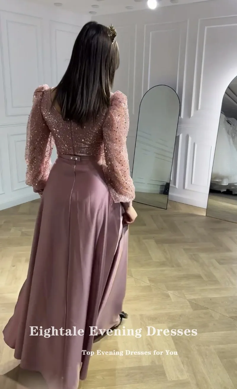 Eightale Elegant Evening Dresses Shiny Sequin Long Sleeves A-Line Prom Party Gown Dusty Pink Arabic Wedding Vestidos De Fiesta