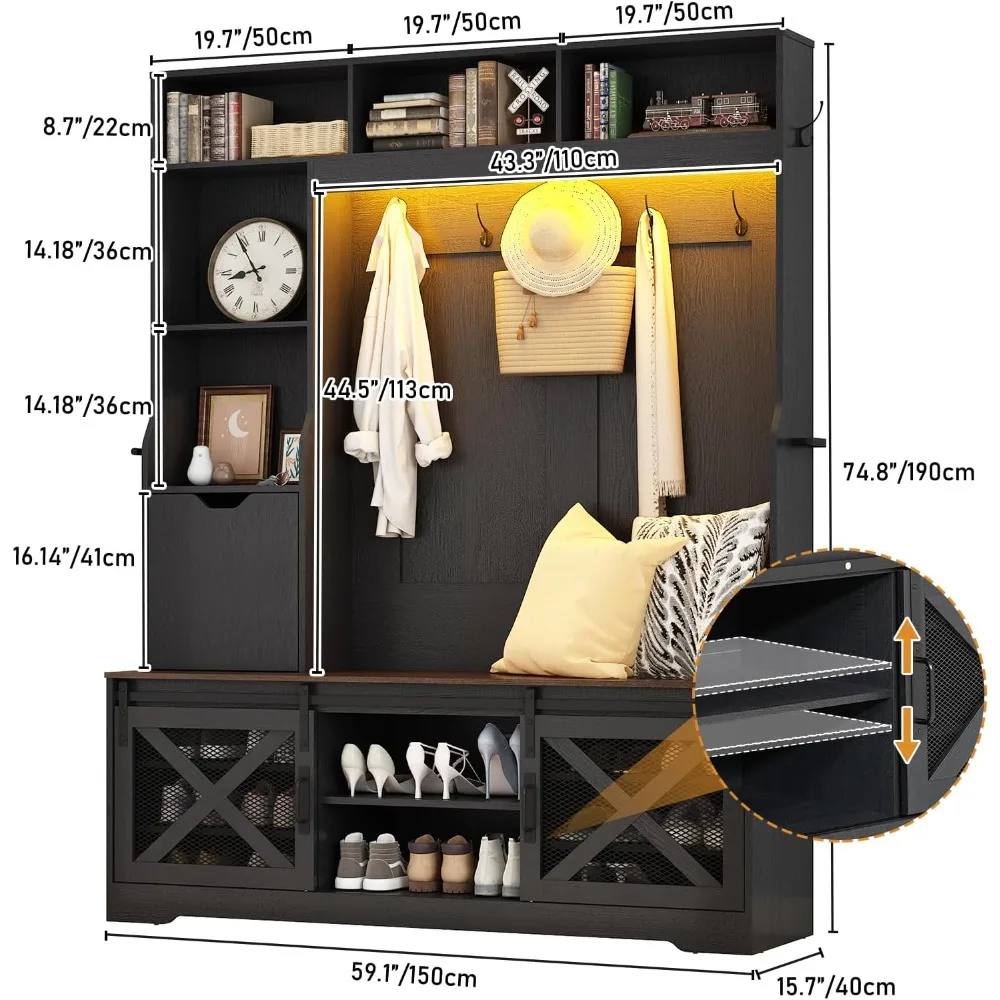 شجرة قاعة على طراز المزرعة مضيئة بإضاءة LED بطول 72 بوصة مع مقعد ورف معطف و16 مكعب لتخزين الأحذية وحامل مظلة #5