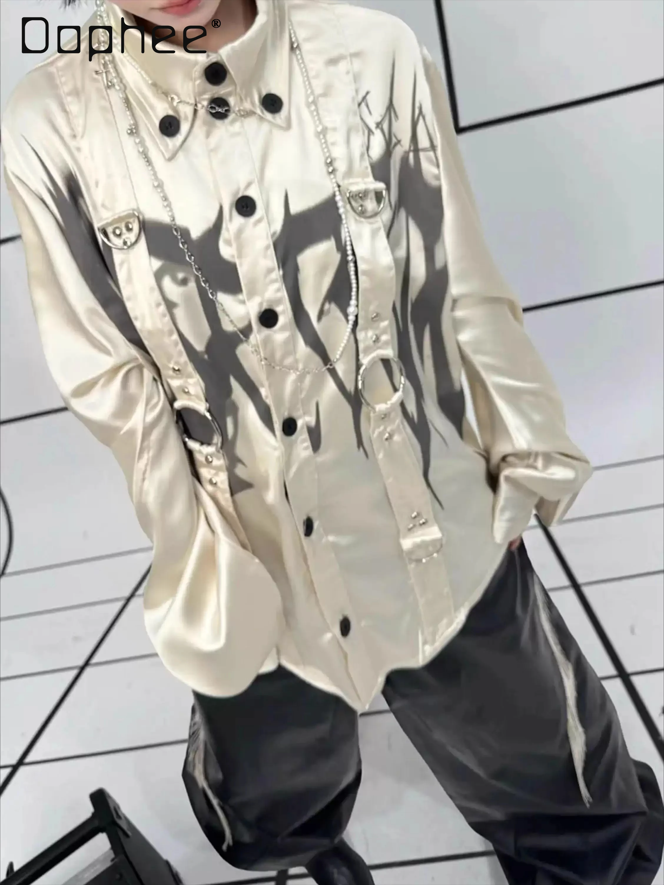 Subculture Goth Anime Printed Shirt Punk Style Chain Metal Rivet Lantern Sleeve Shirt Women Spice Girl Y2K Satin Women Tops