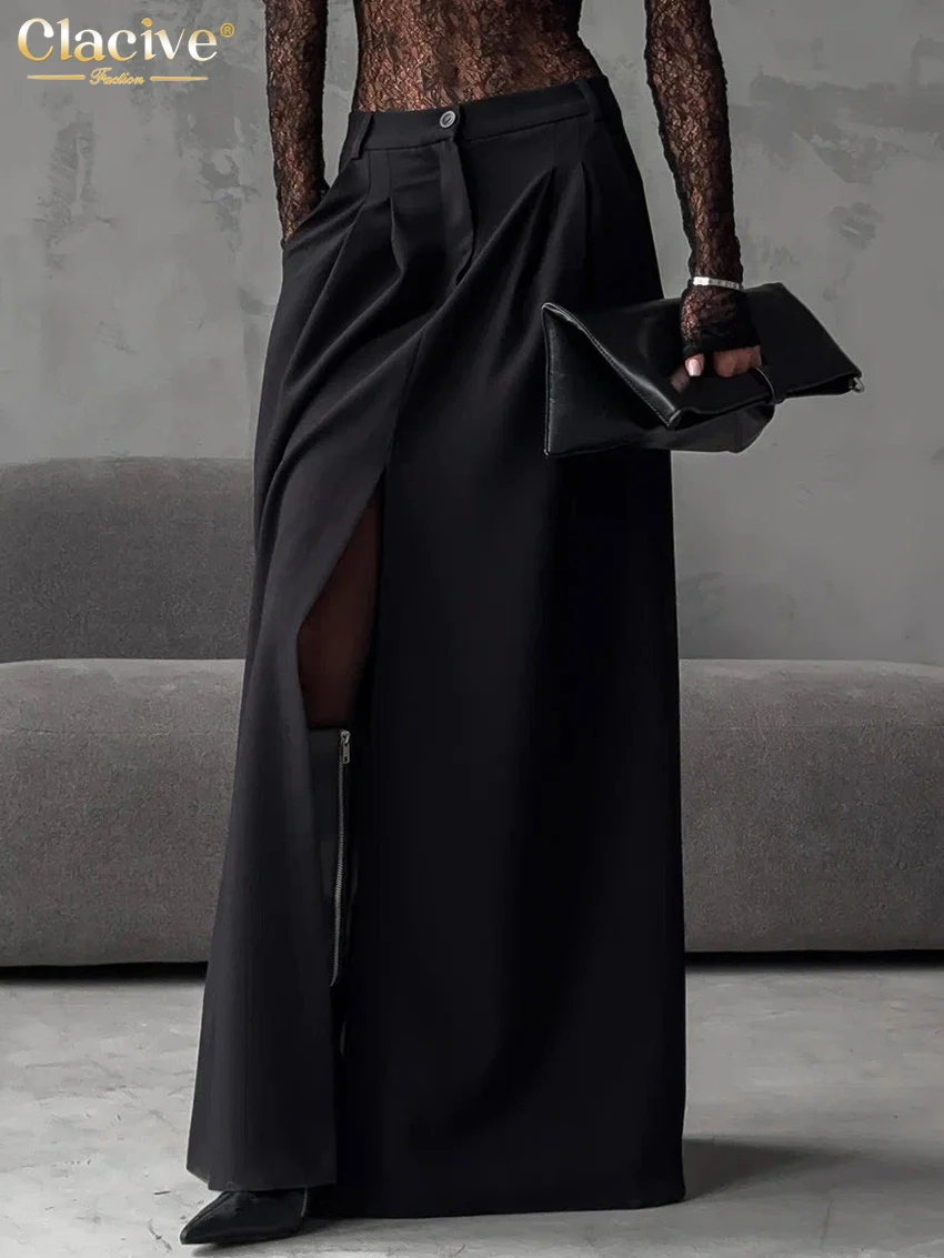 

Clacive Fashion Loose Black Women's Skirt 2025 Casual High Waist Maxi Skirts Elegant Classic Solid Slit Skirt Female Clothing