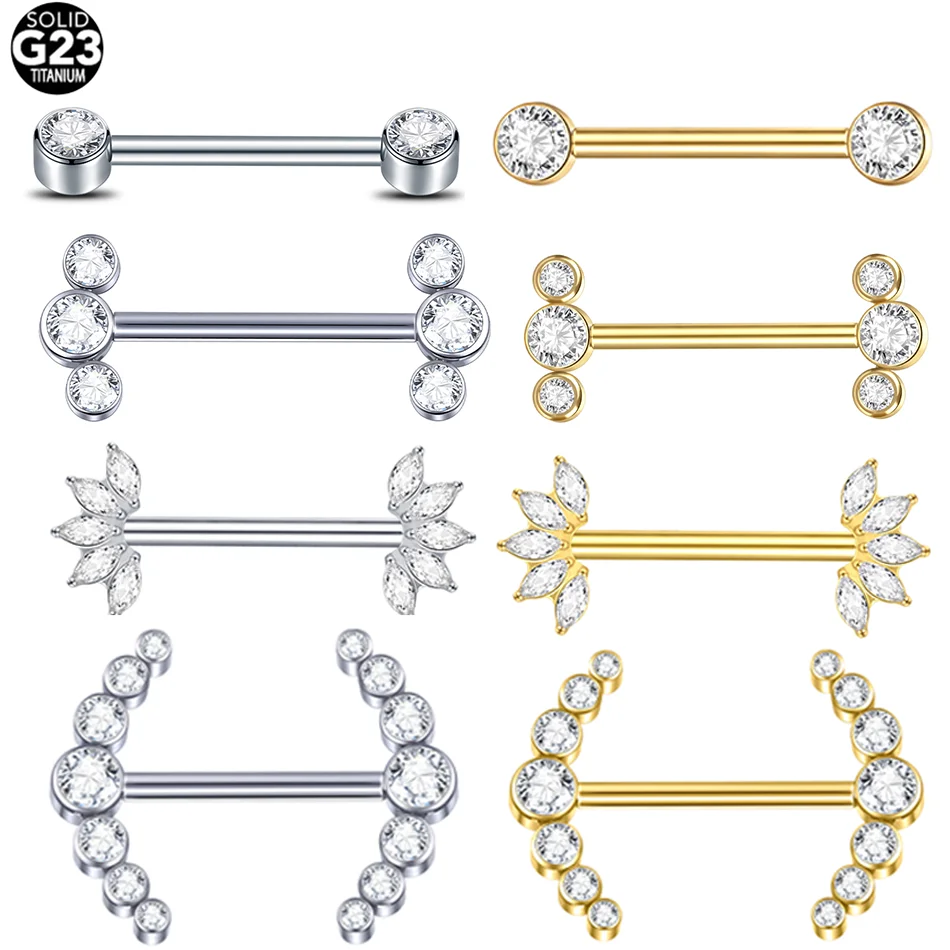 1PC Titanium Internally Threaded Nipple Piercing Barbell Cubic Zirconia PVD Gold Plated Piercing Mamilo Body Jewelry