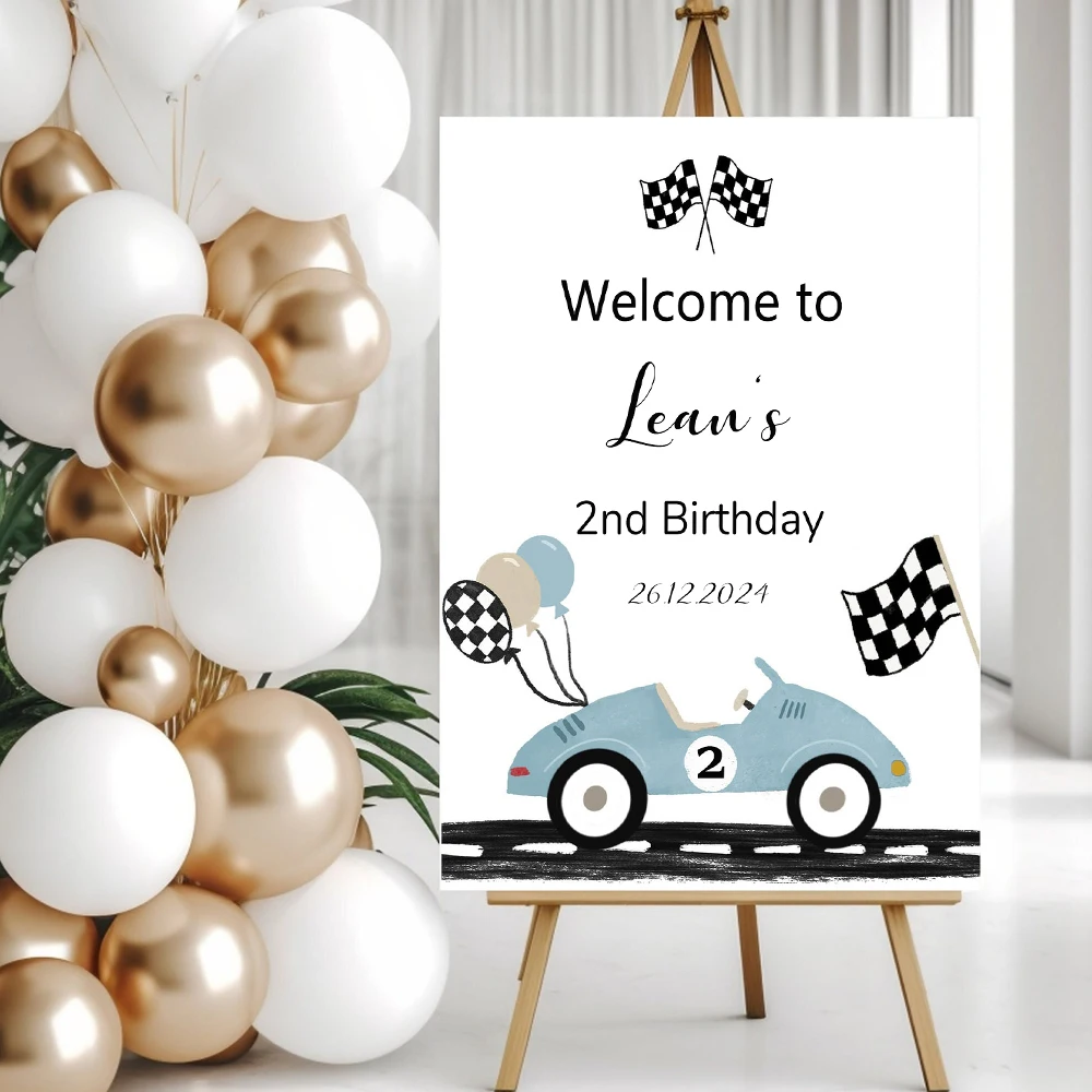 Vintage car birthday welcome sign quick two birthday 1st birthday 2nd birthday any age blue vintage car welcome sign decorations