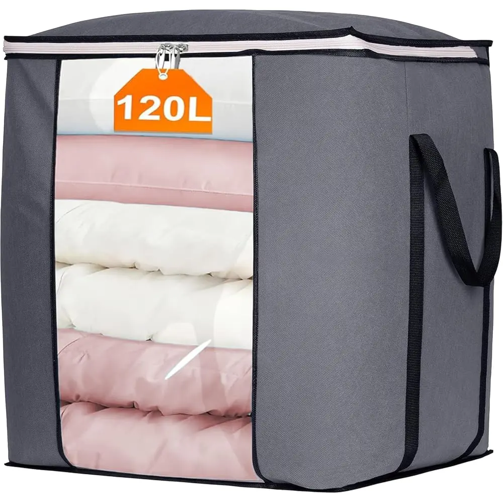 120L Extra Large Blanket Storage Bags Breathable Clothes Storage Containers with Reinforced Handles, Fabric Canvas Storage B