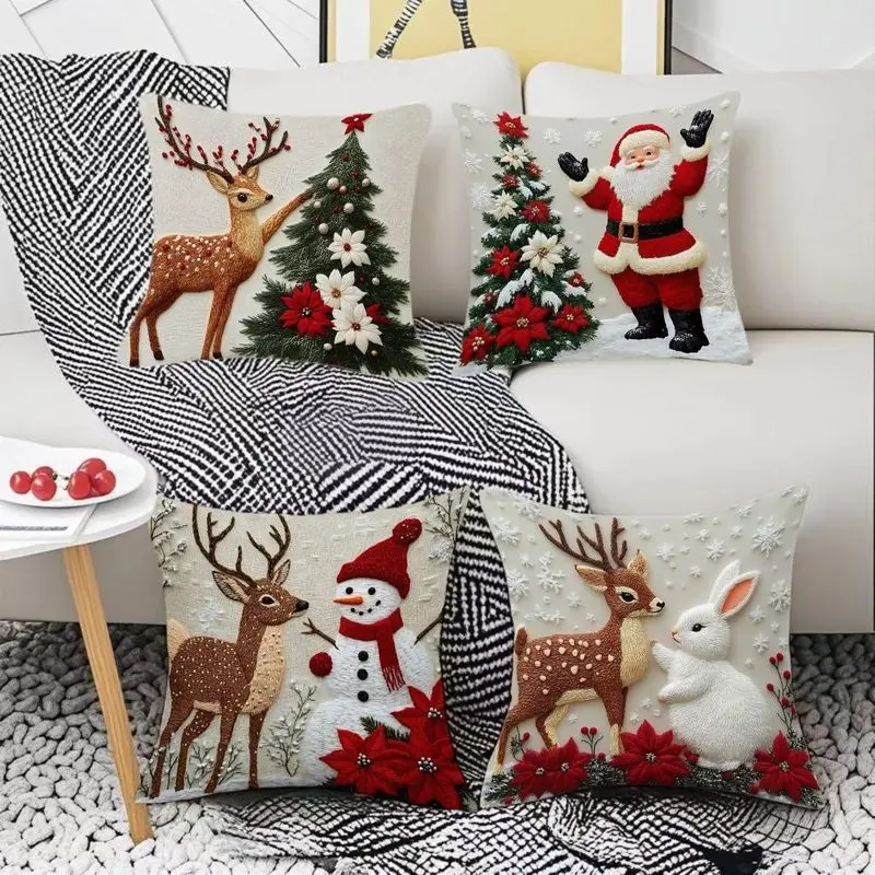 VIKAMA Christmas Pillow Cover Soft & Skin‑Friendly Deer Snowman Poinsettia Winter Cushion Case for Sofa Office Home Decor