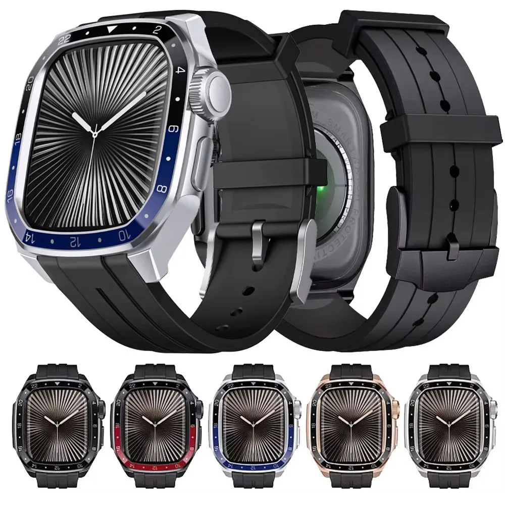 

Металлический корпус + силиконовый ремешок для Apple Watch Band 46 мм, встроенный прочный защитный чехол iWatch Series 11-10 46 мм, аксессуары, чехол