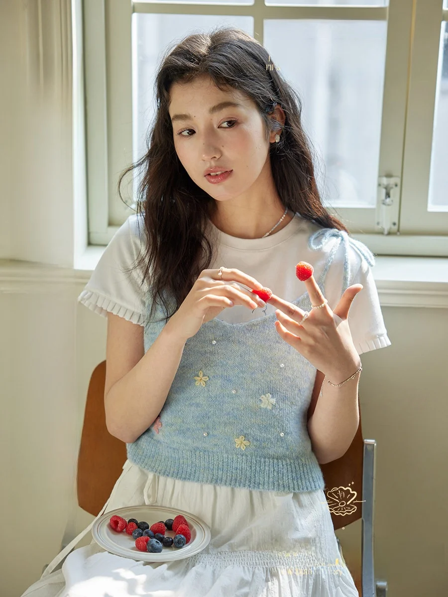 

Hand Embroidered Pearl Tie Design ort Knitted Vest Women's Faion Casual Sle Wool Blend Material Belted Sle Pure Color