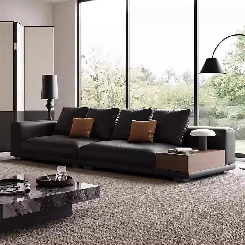 First layer leather sofa, solid wood simple Italian style, modern minimalist light luxury, straight row sofa 4