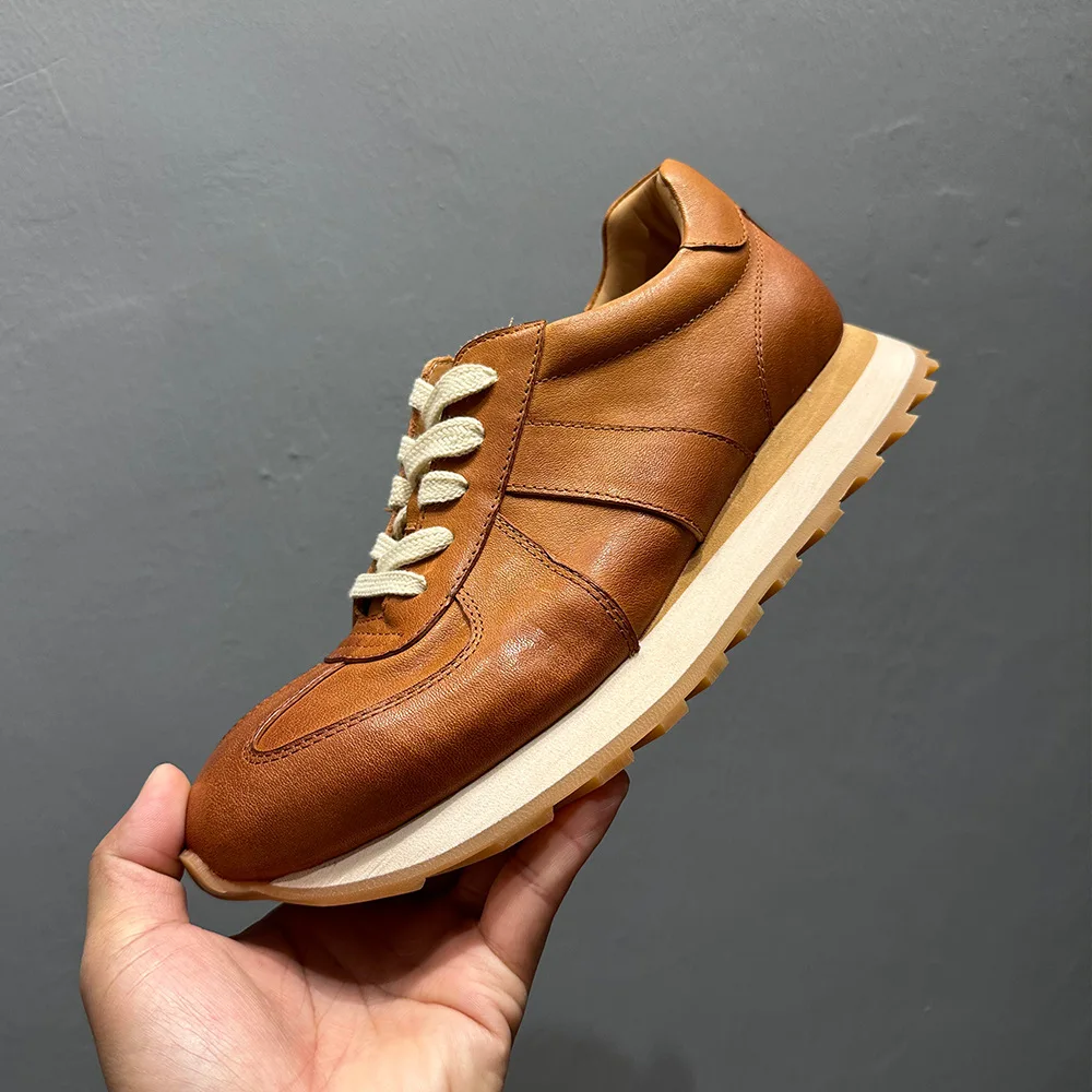 QHCCID Horsehide Sneakers, Men's Outdoor Leisure Shoes, Walking and Running Shoes, Men's Handmade Casual Shoes