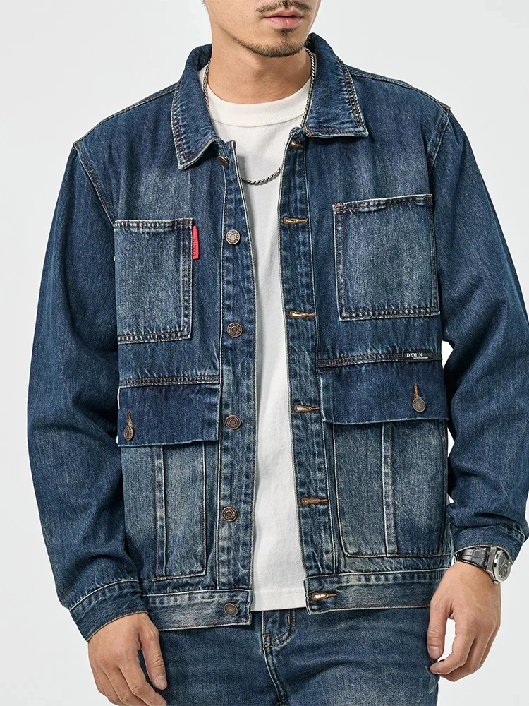 High street tide retro blue multi-pocket workwear denim jacket high-end casual loose men's