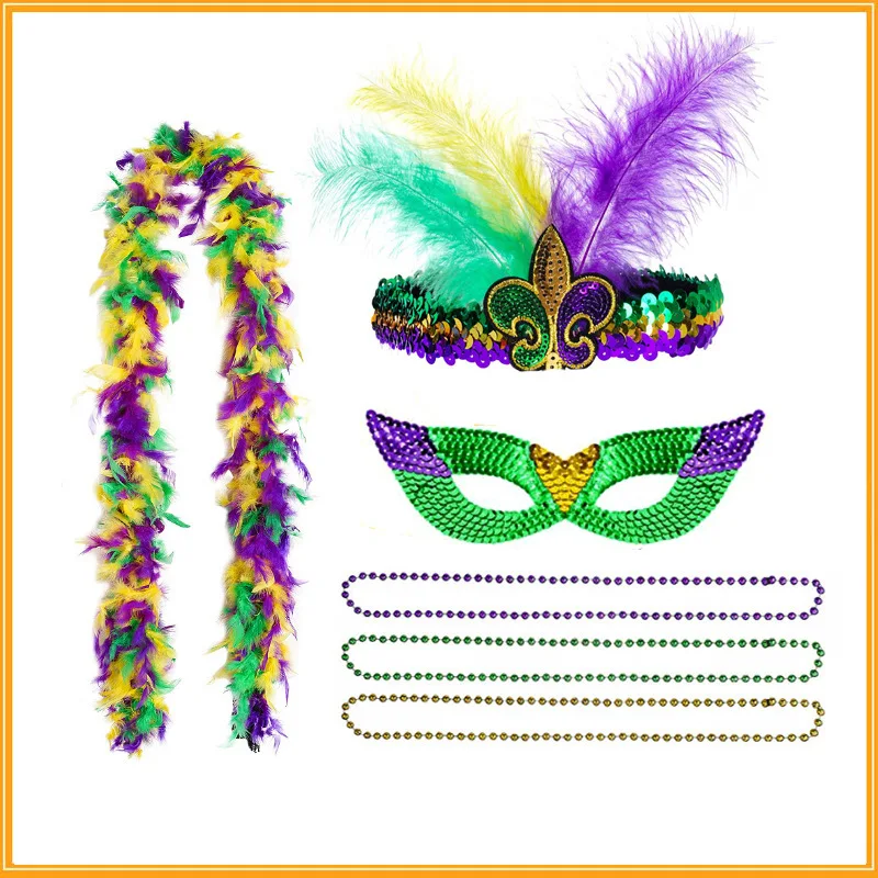 

New Fashion Mardi Gras Carnival Three-color Necklace Set Holiday Party Mask Three-color Woolen Necklace Feather Headband