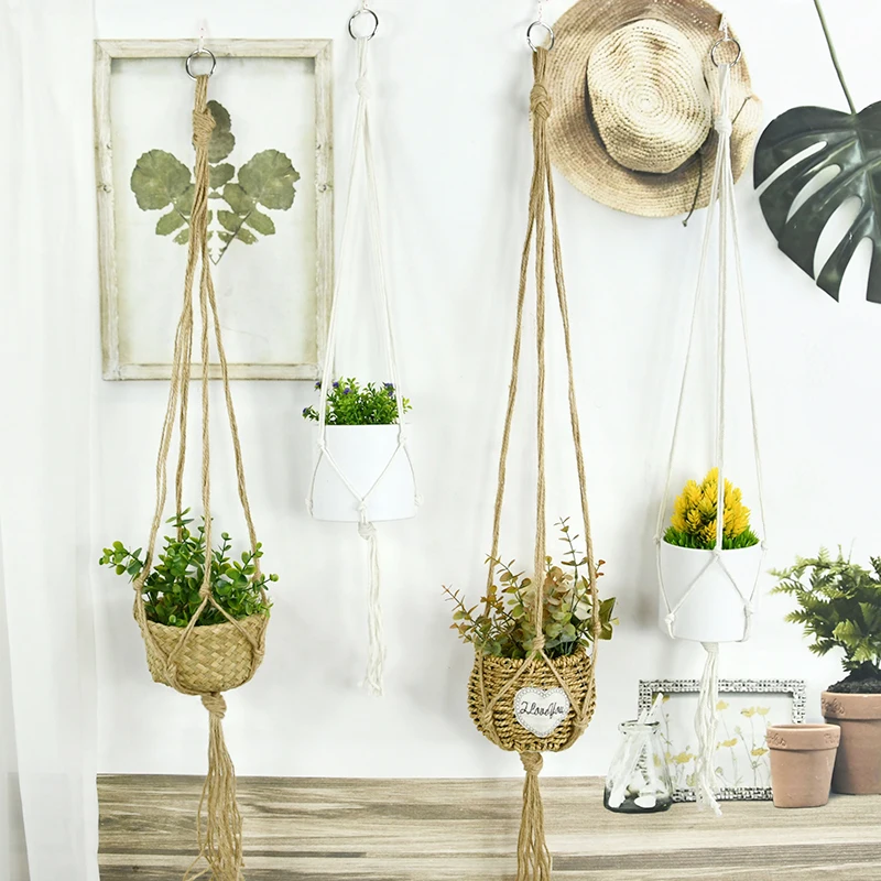 90-120cm Gardening Plant Hanging Basket Cotton Rope Hanger Flower Pot Handmade Macrame Pot Pocket Courtyard Home Wall Decoration