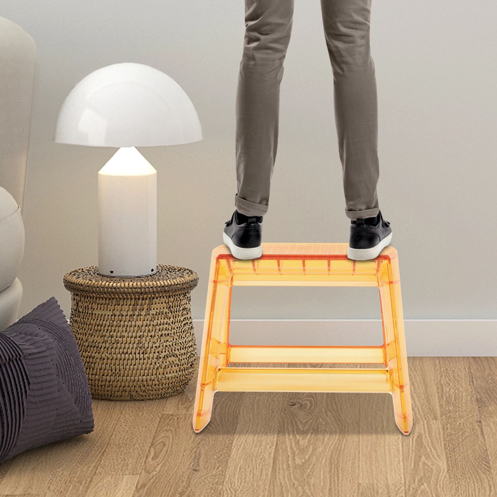 

Прозрачный оранжевый складной стул-лестница из поликарбоната 39x39x29 см, выдерживающий нагрузку до 50 кг, с нескользящим основанием, устойчивый, многофункциональный