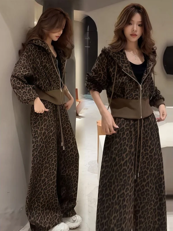 Fashionable Retro Leopard Print Hooded Jacket And Wide Leg Pants Women's Autumn New Style Two-Piece Set Elegant Trendy Ensemble