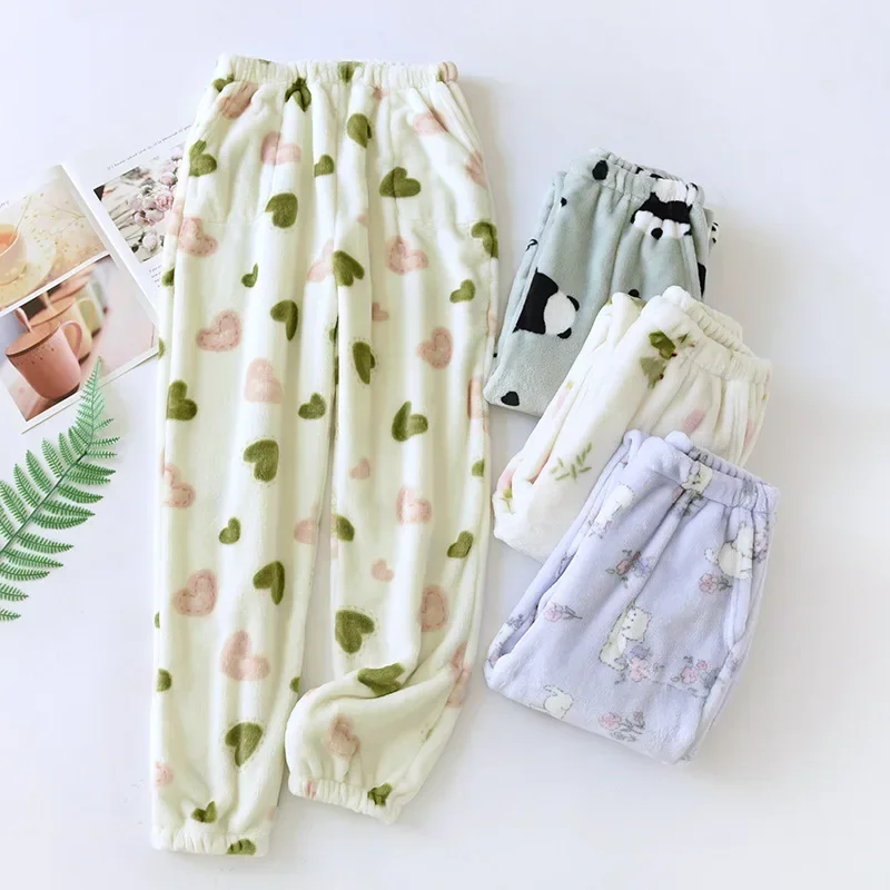 2025 nuevos pantalones de dormir para mujer de otoño e invierno, pantalones de casa con cierre cálido y suelto de dibujos animados gruesos de