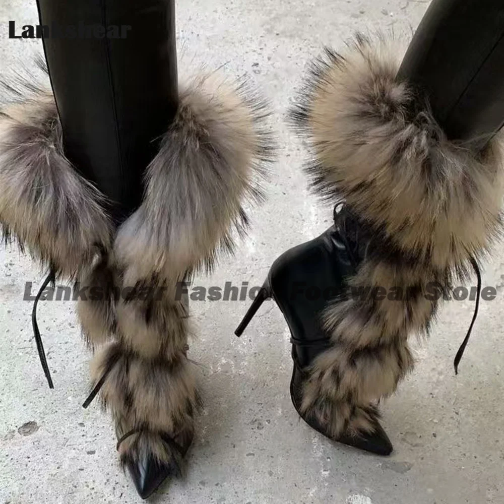 

Gray Black Mid-Calf Boots Women Black Leather Cross Straps Winter Calf Booties Winter Female Fluff Shoes Zapatos Para Mujere