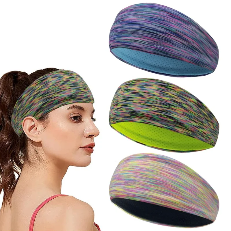 3 Pcs Colorful Sport Headbands for Women, Breathable Moisture Wicking Stripes Sweatbands for Men, Elastic Non Slip Yoga Hairband