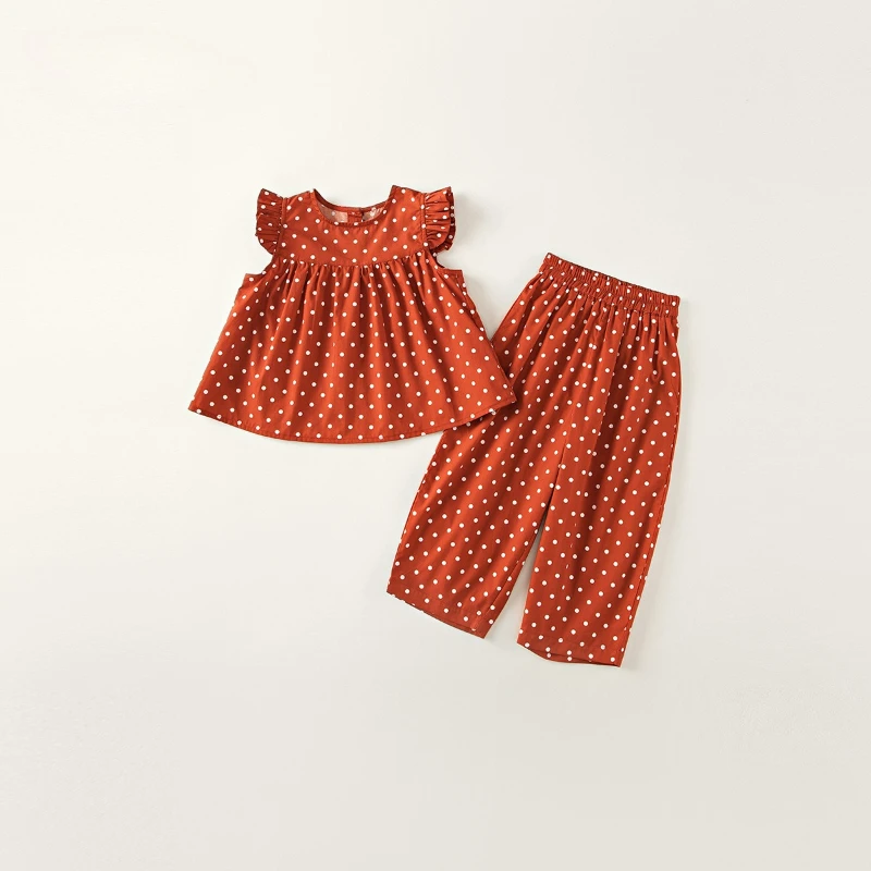 

2026 Summer Hot Selling Red Polka Dot Fly Sleeve Cotton Top Vest and Pants Two-piece Set for Children