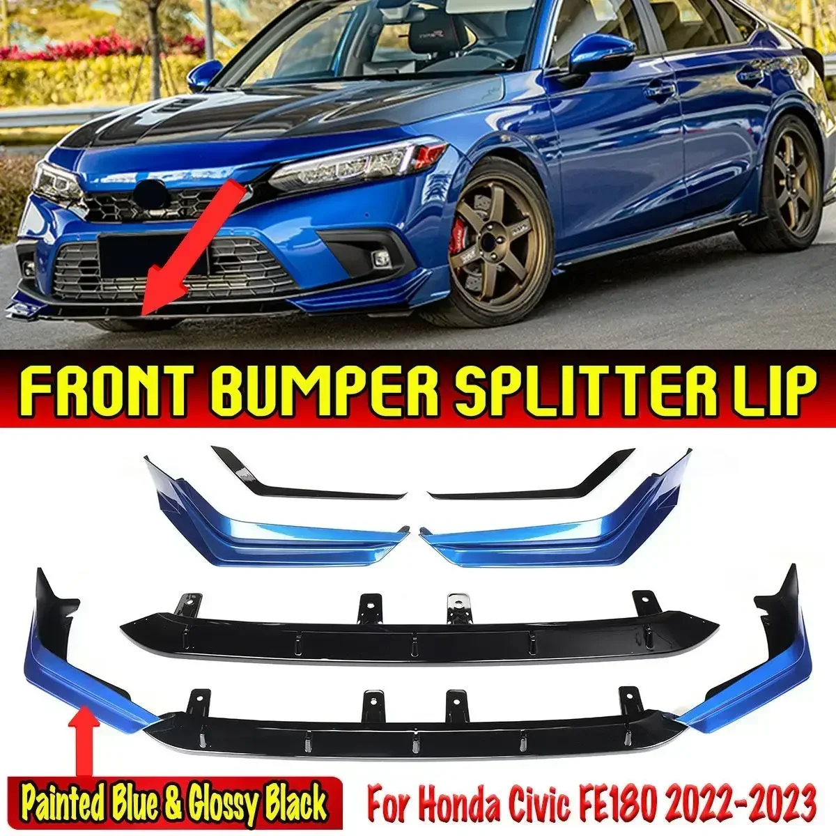 3pcs Front Bumper Lip Chin Splitter Surround Molding Cover Trim Body Kit Guard For Honda For Civic FE180 2022-2023 Body Kit