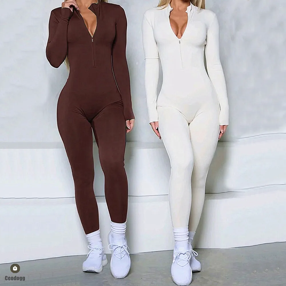 S-XL 2025 Nylon Zipper Long Sleeve Yoga Set Women One Piece Jumpsuit Fitness Gym Shorts Workout Pant Legging Running Romper Suit