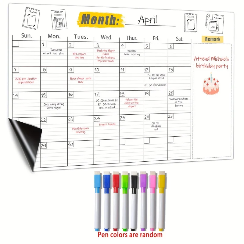 Magnetic whiteboard dry wipe calendar, refrigerator wall mounted, reusable planning table, monthly planning table magnetic