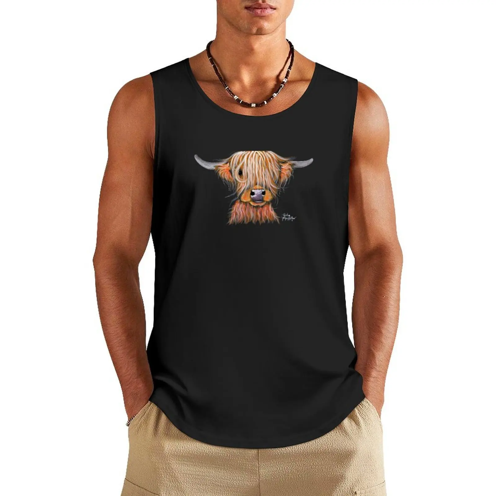 

HIGHLAND COW ' PoPSie ' By Shirley MacArthur Tank Top gym t-shirts fitness clothing for men Man gym clothes