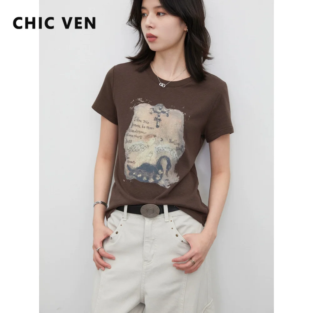 CHIC VEN Fashion Women T-Shirts Loose Casual Retro Black Swan Print Slim Female Short Sleeved Tees Spring Summer 2026 Clothes