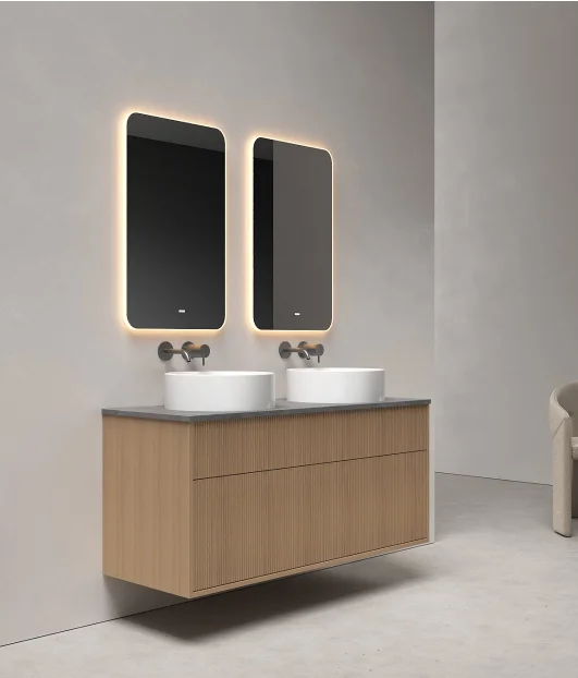 مجموعة خزانة حمام خشبية صلبة عائلية حديثة مثبتة على الحائط تبيع فاخرة لتخزين الحوض المزدوج مع مرآة ذكية #3