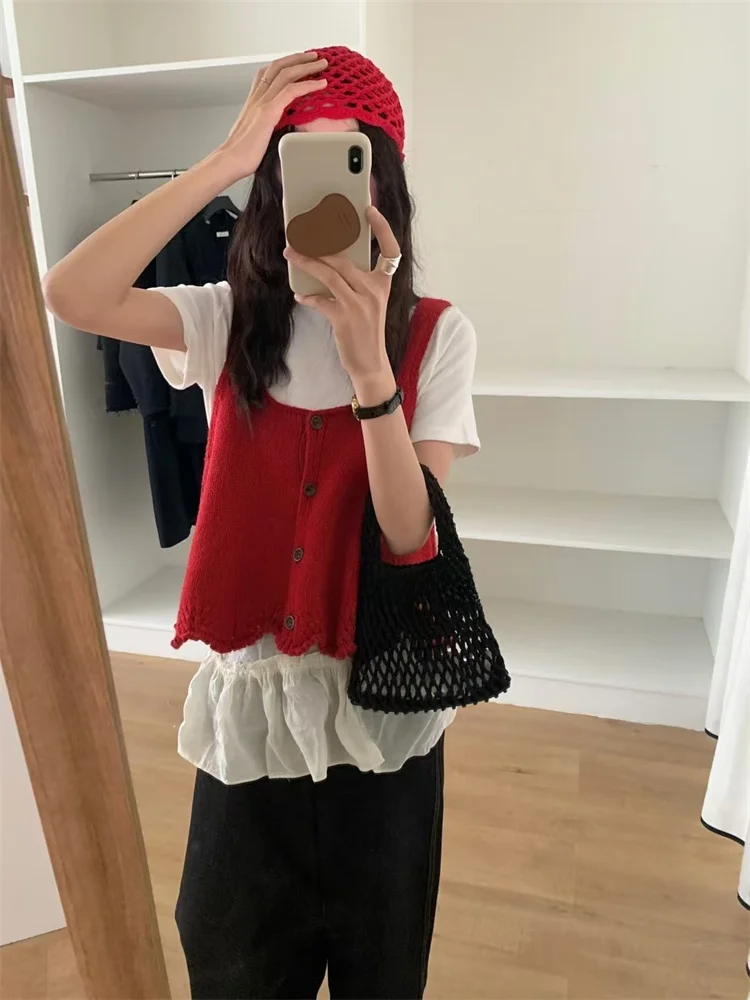 

Spring Summer 2025 Women's Knitted Hollow out Svel Vest with Button Detail ort Length Layering Top round Ne Wool Blend