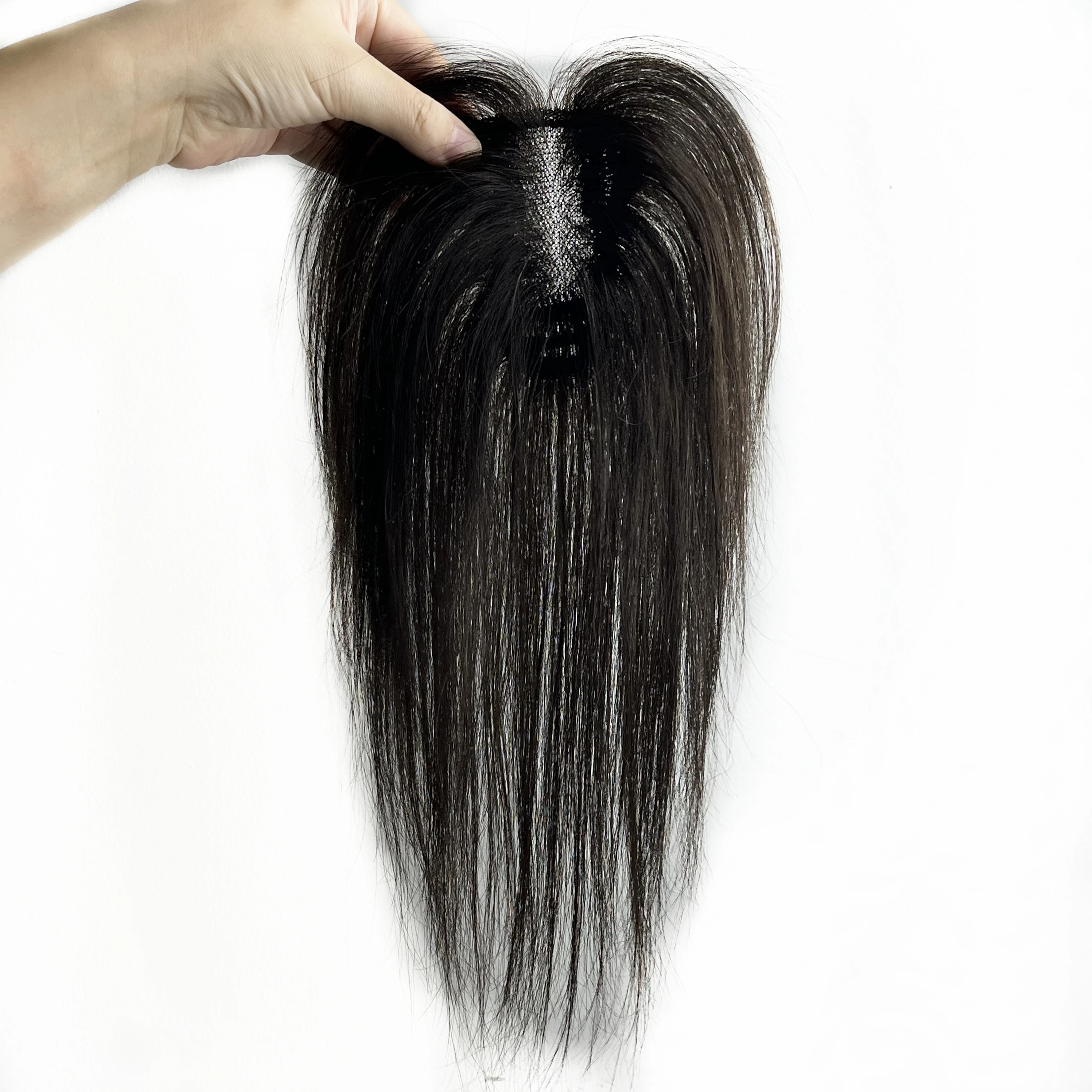 Adornos de cabello humano 100% con flequillo, postizos con Base de encaje para mujer, cubierta de parte media, cabello gris, cabello transpirable hecho a mano