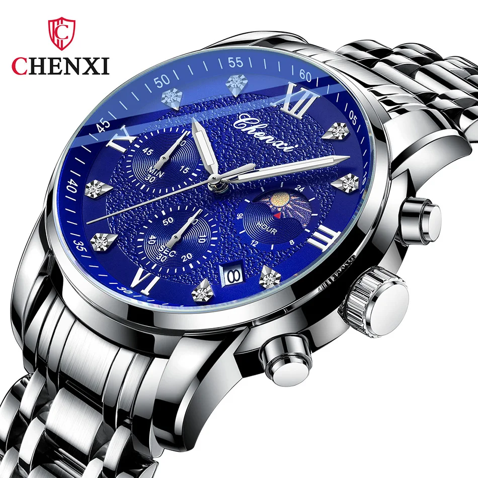 

Men Fashion Casual Wristwatch Chronograph 24 Hours Stop Watch Rhinestone Roman Numerals Dial Silver Stainless Steel Watch Reloj