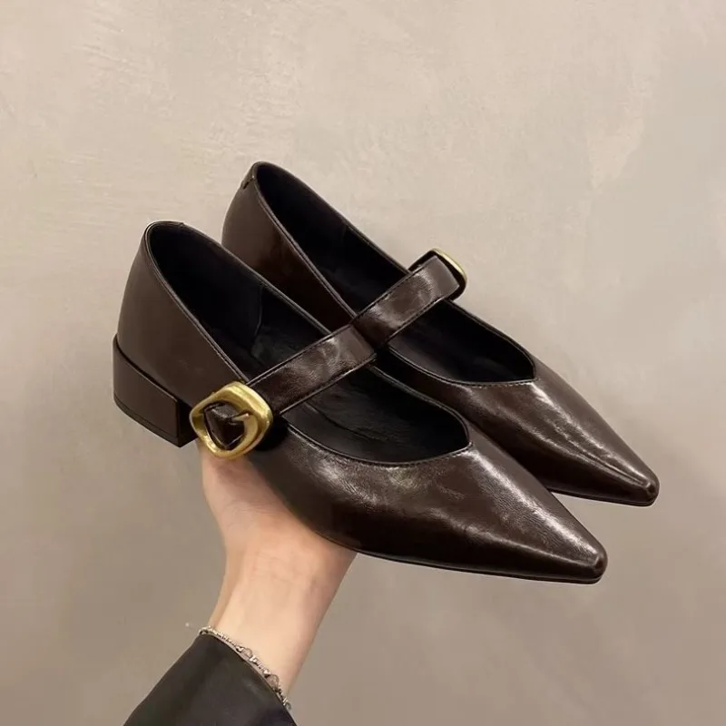 Novos sapatos femininos de salto baixo com sola macia e pontas pontiagudas saltos grossos cor sólida simples e confortáveis sapatos únicos
