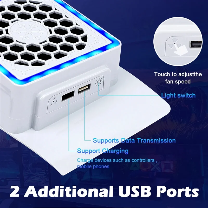 A42T-مروحة تبريد مع ضوء LED 2 منافذ USB وحدة تحكم ألعاب مروحة تبريد مبرد جانبي لملحقات وحدة التحكم في الألعاب PS5 SLIM