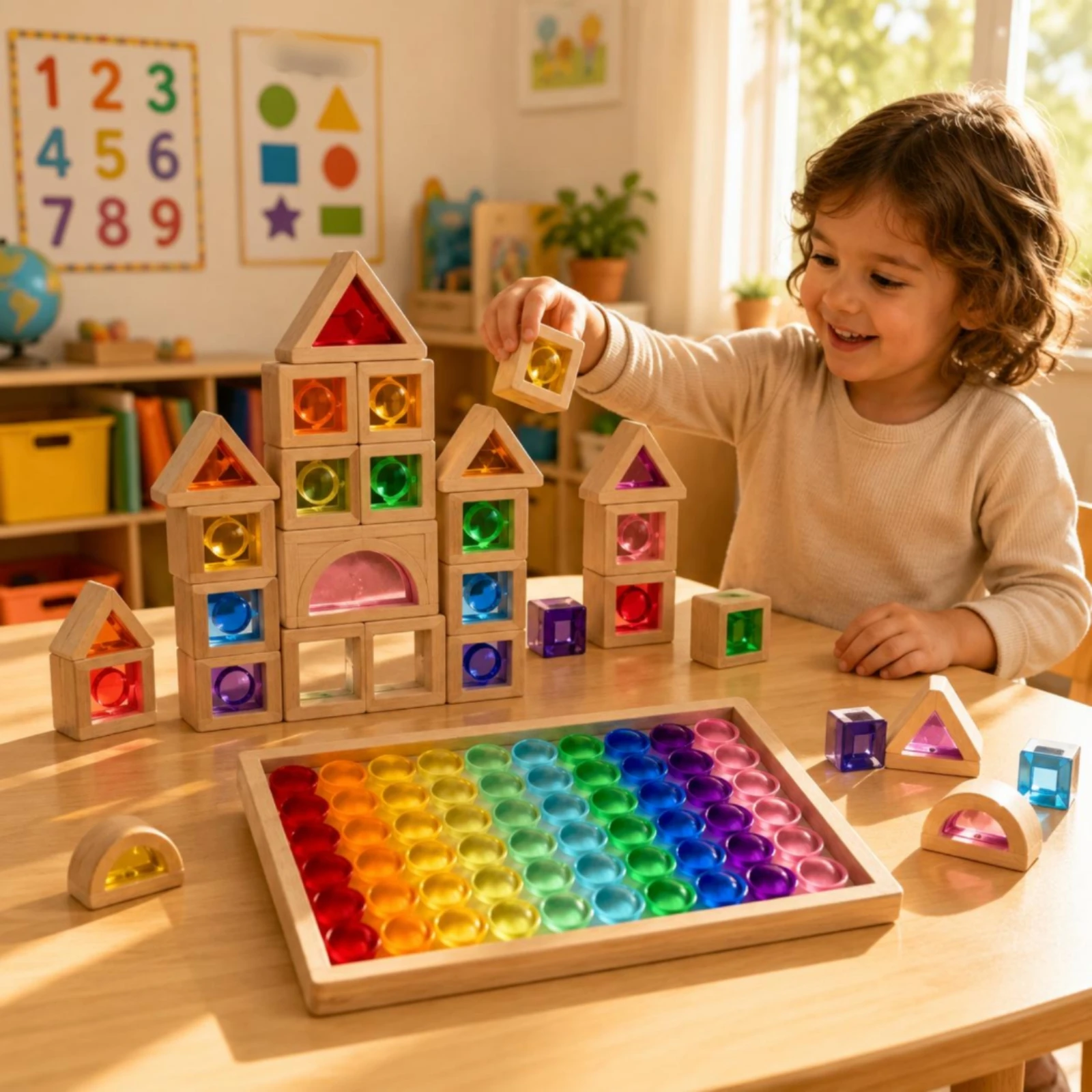 60 Pieces Cylindrical Block Set Tray Box Wooden Disc Blocks Wooden Building Block Set Natural Wood Child Toy Color Recognition