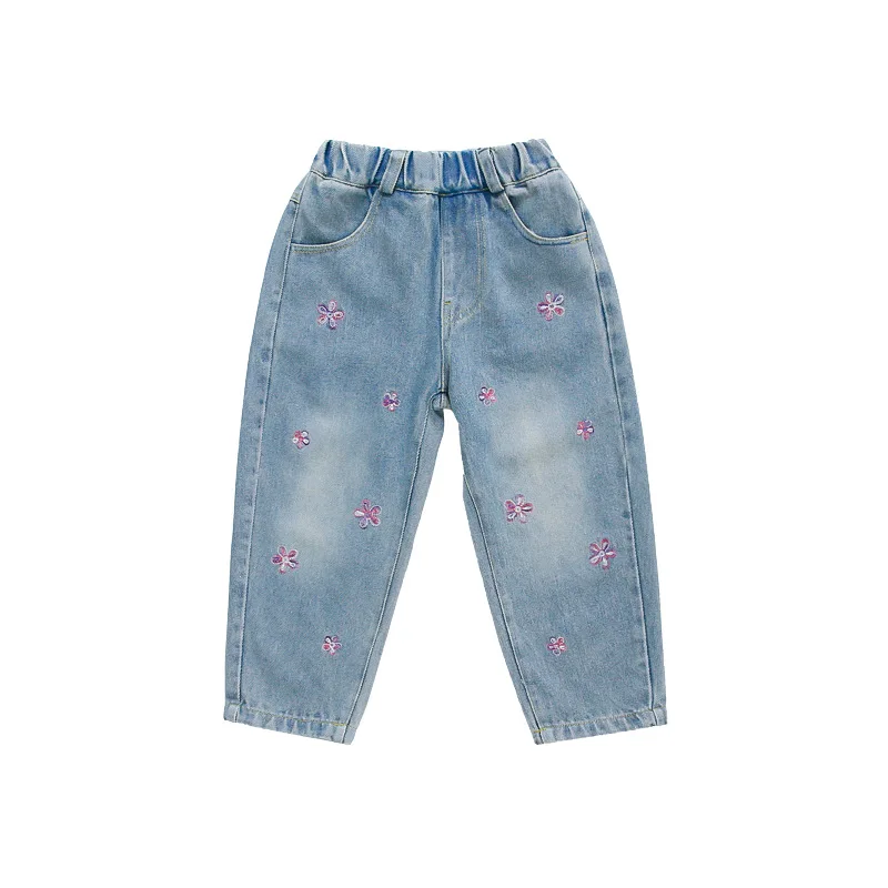 أطفال بنات الأزهار المطرزة الجينز الخريف جديد عالية الخصر فضفاض بنطال ذو قصة أرجل واسعة الكورية الأطفال سراويل جينز 2-7 سنة