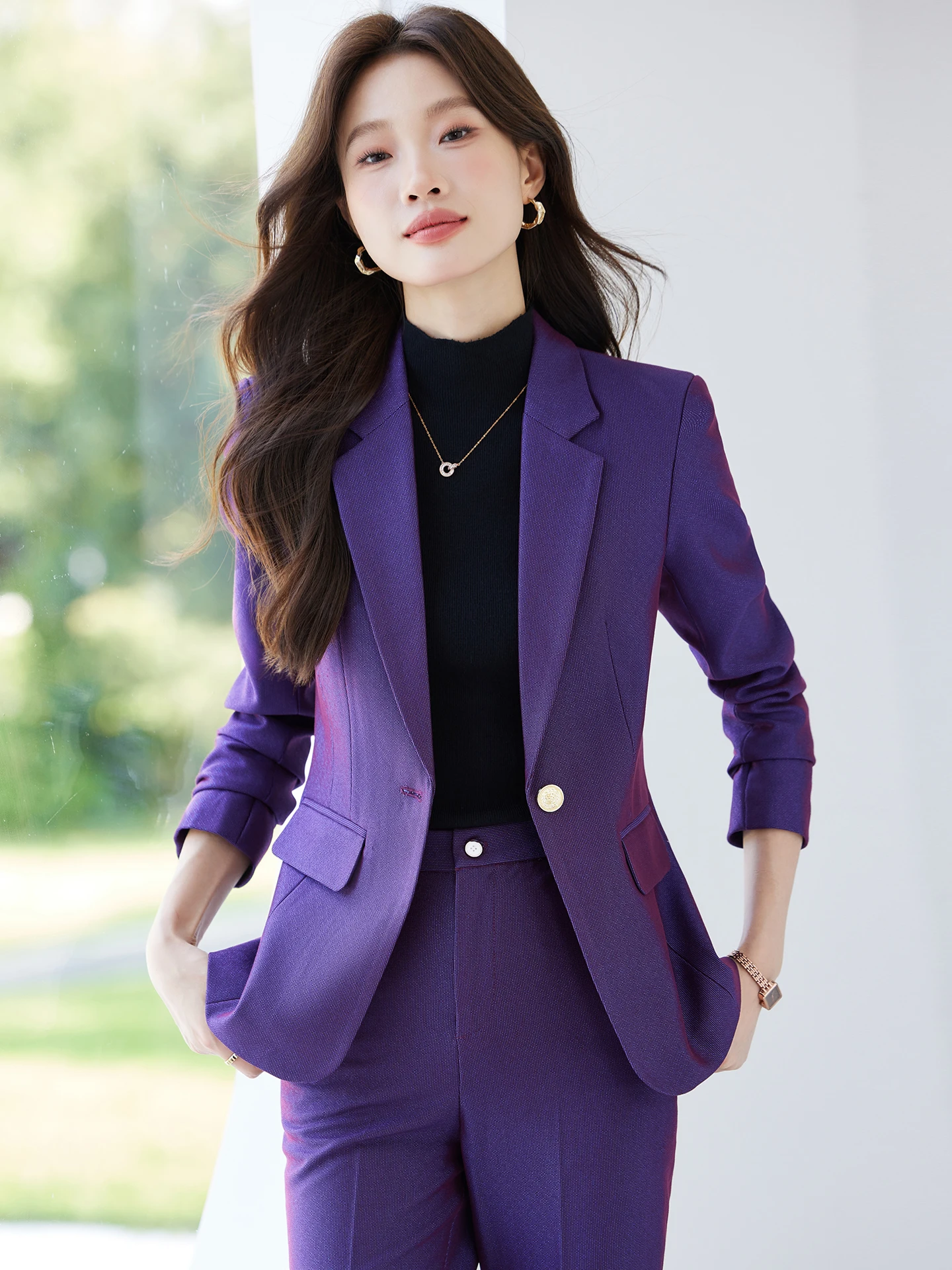 Elegant Purple Women's Suit Jacket Commute Style Slim Fit Professional Workwear Ensemble Button Pocket Full  Regular