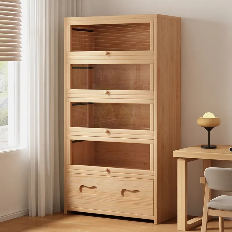 Solid Wood Bookcase Floor to Ceiling Storage Cabinet Living Room Display Shelf Dust Proof Wall Mounted Locker for Home