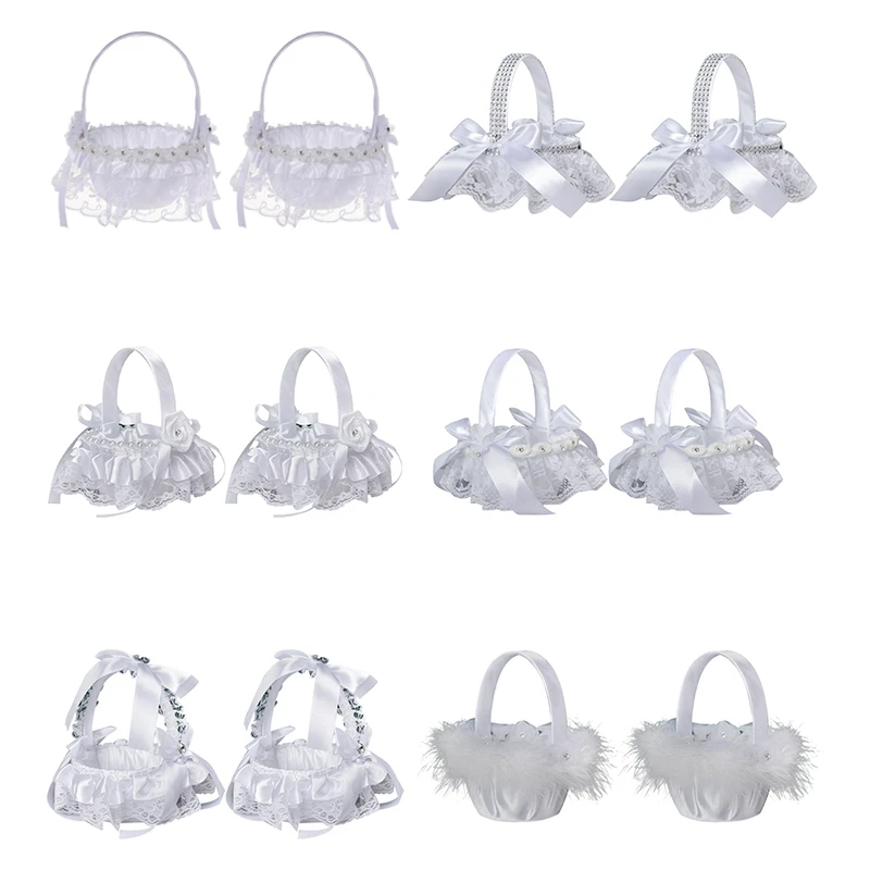 

2Pcs White Flower Girls Basket Wedding Basket For Flower Bride/Kids Hand Held Wedding Ceremony Party Decorations