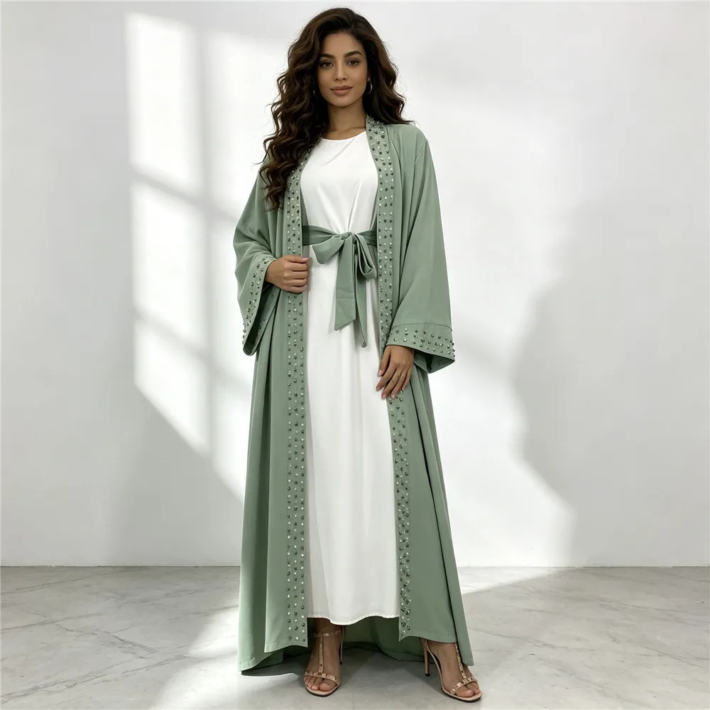 Abaya Women Eid Beaded Open Dresses Sashes Muslim Cardigan Robe Ramadan Morocco Dubai Abayas Kaftan Islam Vestidos Jalabiya