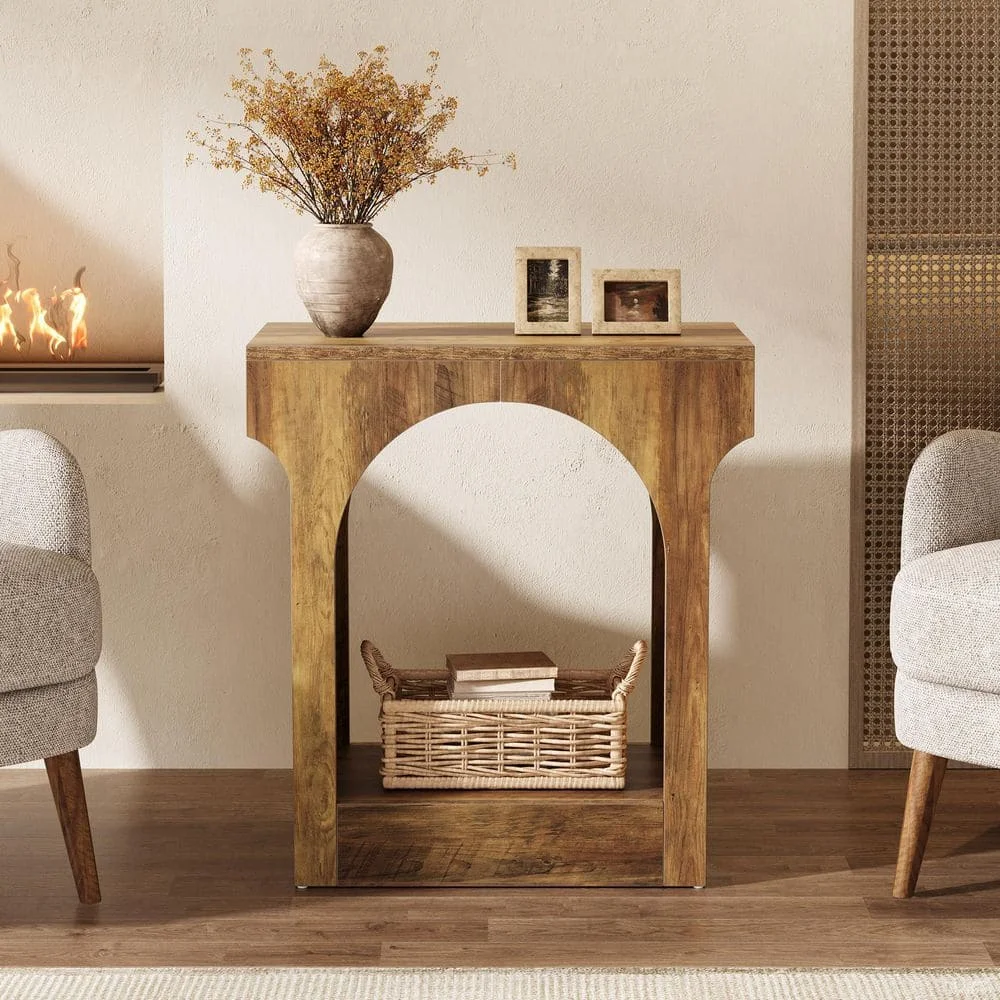 23.6 بوصة. طاولة نهاية خشبية مستطيلة قصيرة باللون البني الريفي مع مساحة تخزين، ومنضدة لغرفة النوم وغرفة المعيشة