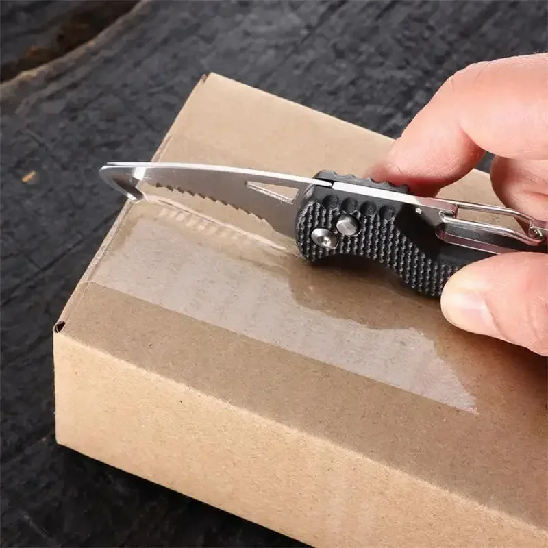 Cuchillo plegable portátil, cuchillo para paquete exprés, cortador de gancho dentado de acero inoxidable, abridor de caja de herramientas de supervivencia para acampar al aire libre