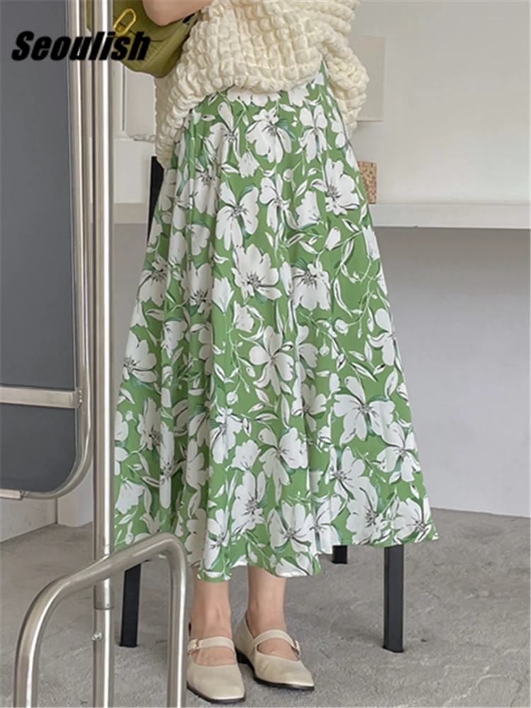 Seoulish New 2022 Elegant Floral Printed Tulle Mi-long Women Skirts High Waist Female Umbrella Skirts Ladies Spring Summer