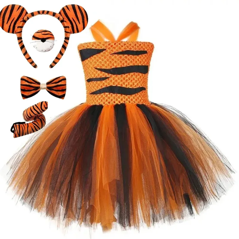 Kids' Black & Orange Tiger Tutu Dress Set, Animal-themed Children Tutu Dress with Accessories, Kids Halloween Party Costume