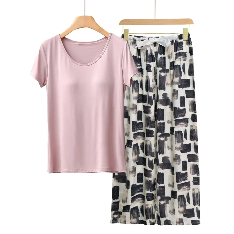 Modal Viscose Pajamas Sets 3 Season Floral Homewear 2pcs Braless Short Sleeve with Removable Padding Lady's Loungewear
