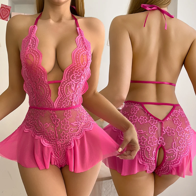 جديد مثير Crotchless روز مثير الملابس الداخلية النساء الدانتيل جوفاء ارتداءها تيدي فستان بيبي دول عميق الخامس مفتوحة الصدرية الإباحية مجموعة المثيرة منامة