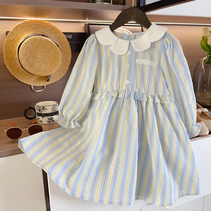 2025 Spring New Girls Dress Petal Collar Full Sleeve Blue Striped Long Dresses 1-8Y Children Breathable Outfits Vestidos